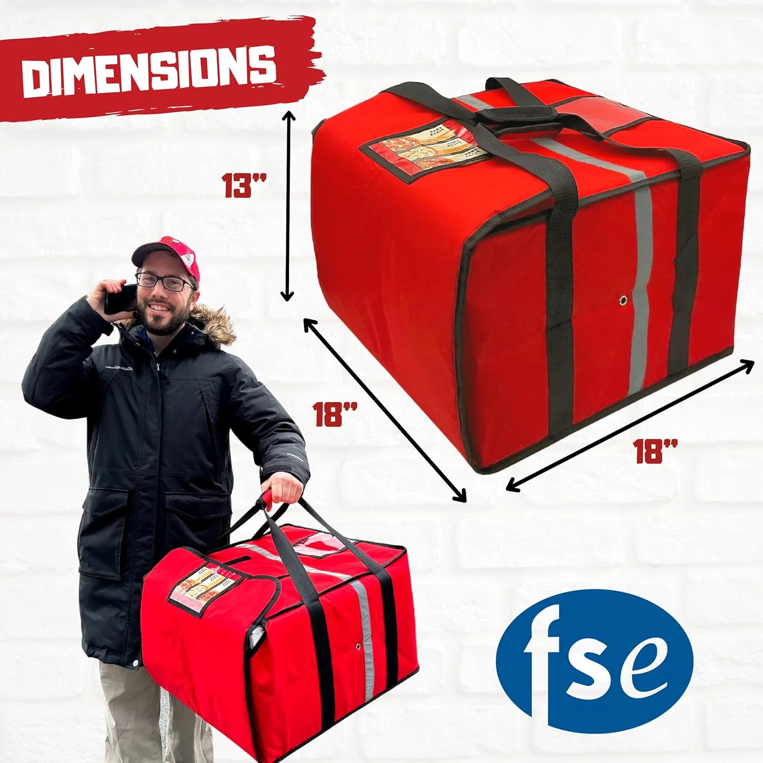 FSE Insulated Pizza Food Delivery Bag Carrier, 18 Inch x 18 Inch x 13 Inch, Breathable Design, Fits Five 16" Pizza Boxes, or Four 18" Pizza Boxes, for Hot or Cold Items, Red