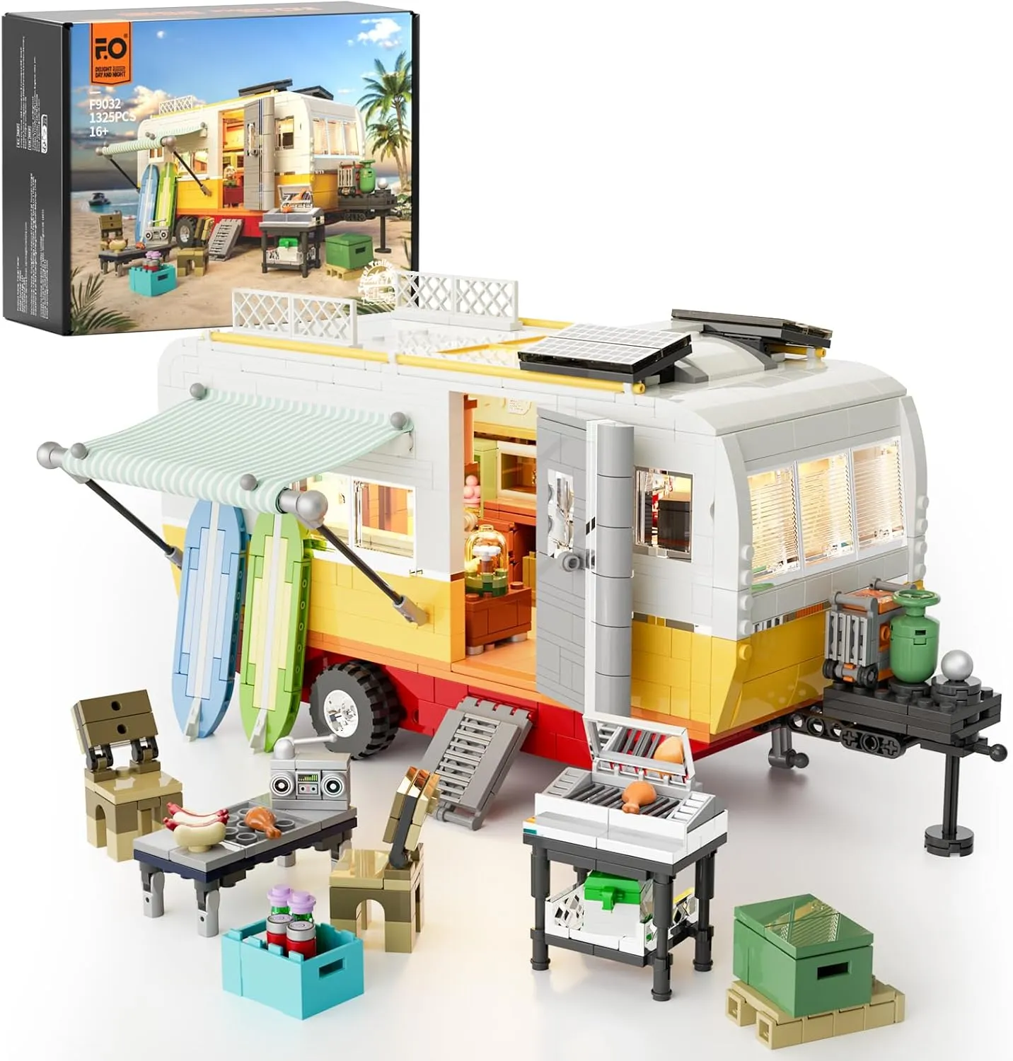 FUNWHOLE Travel Trailer Lighting Building-Bricks Set - Classic Camper Van for Beach 1325 Pcs Creator Vehicle Kit for Adult and Teens