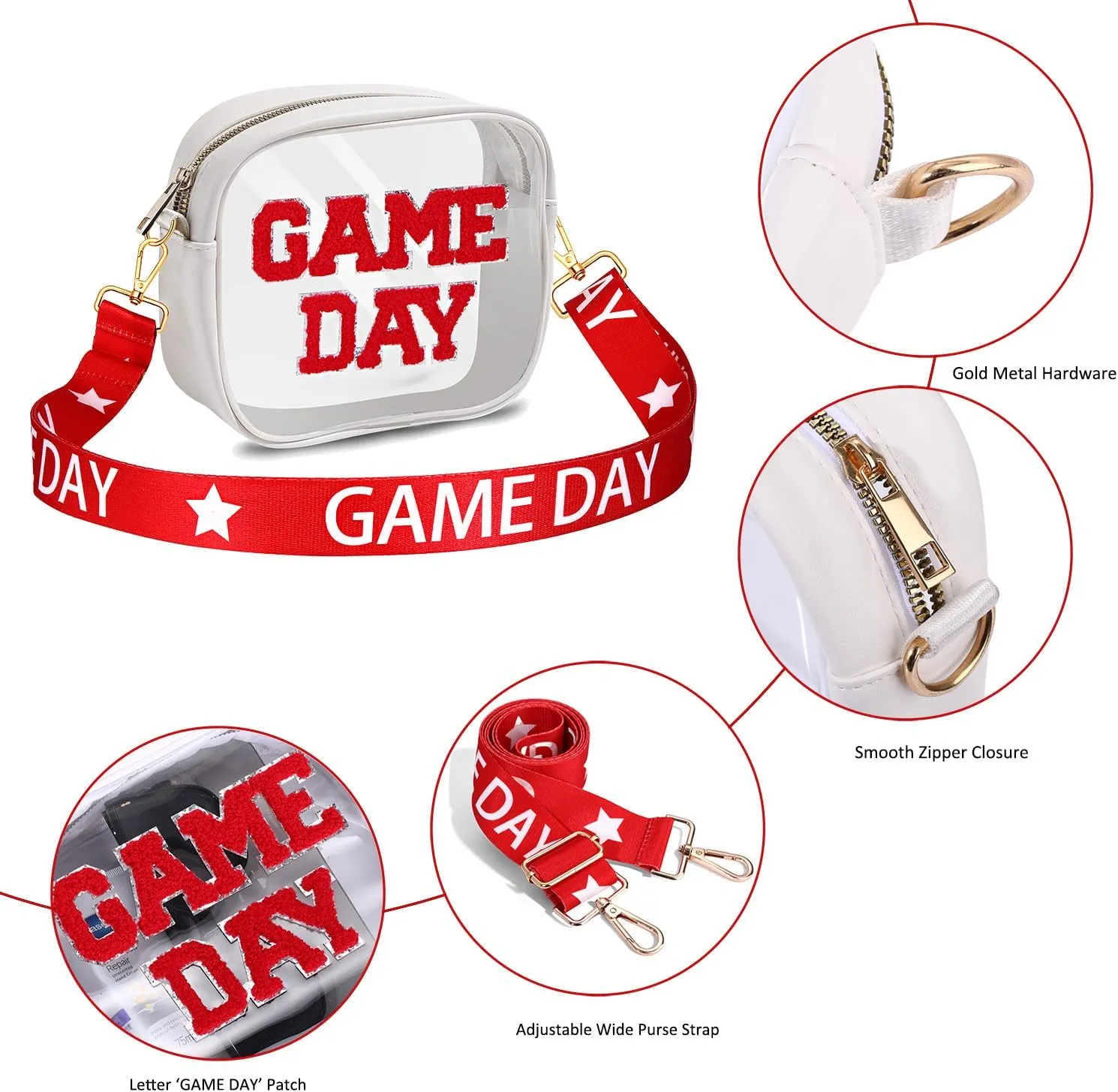 Game Day Clear Bag for Stadium Events with Letter Patches Stadium Approved Clear Crossbody Purse for Concerts Sports Events
