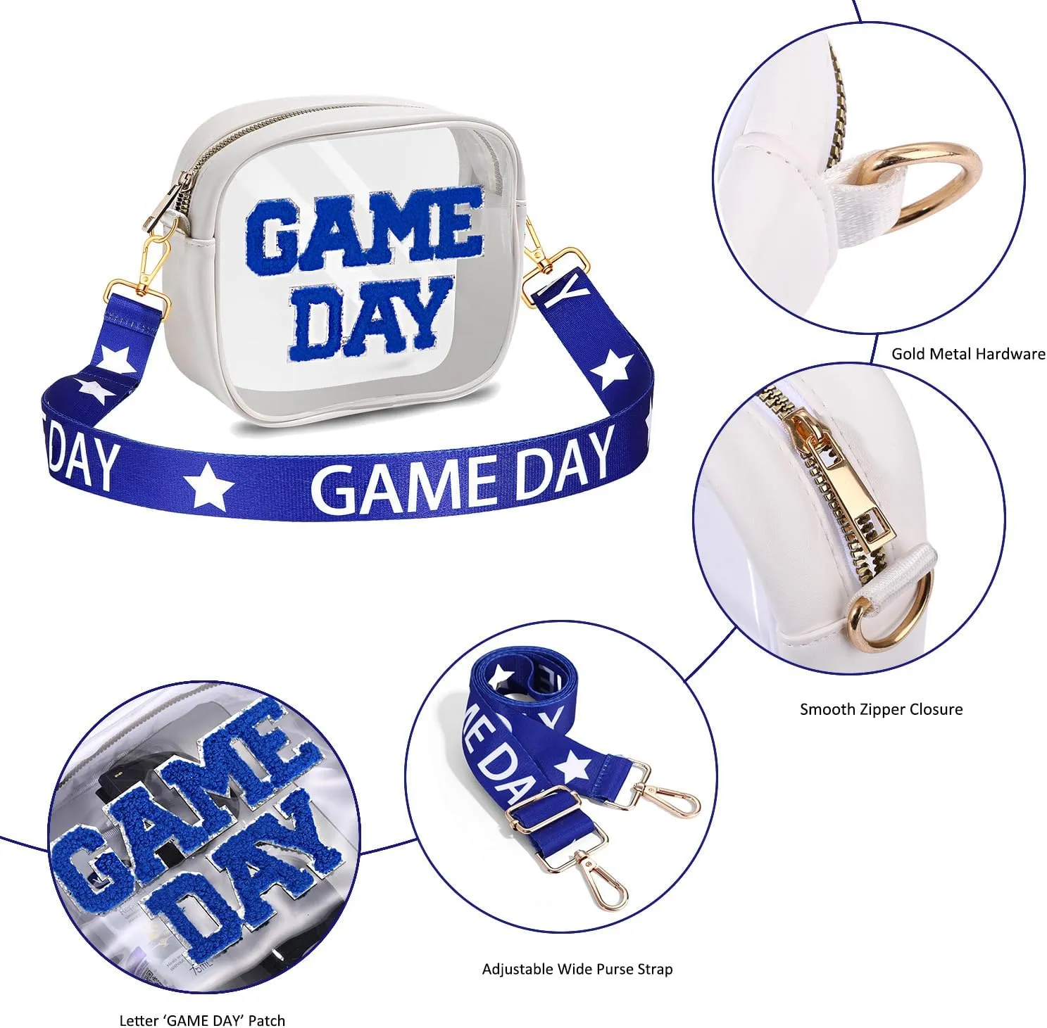 Game Day Clear Bag for Stadium Events with Letter Patches Stadium Approved Clear Crossbody Purse for Concerts Sports Events
