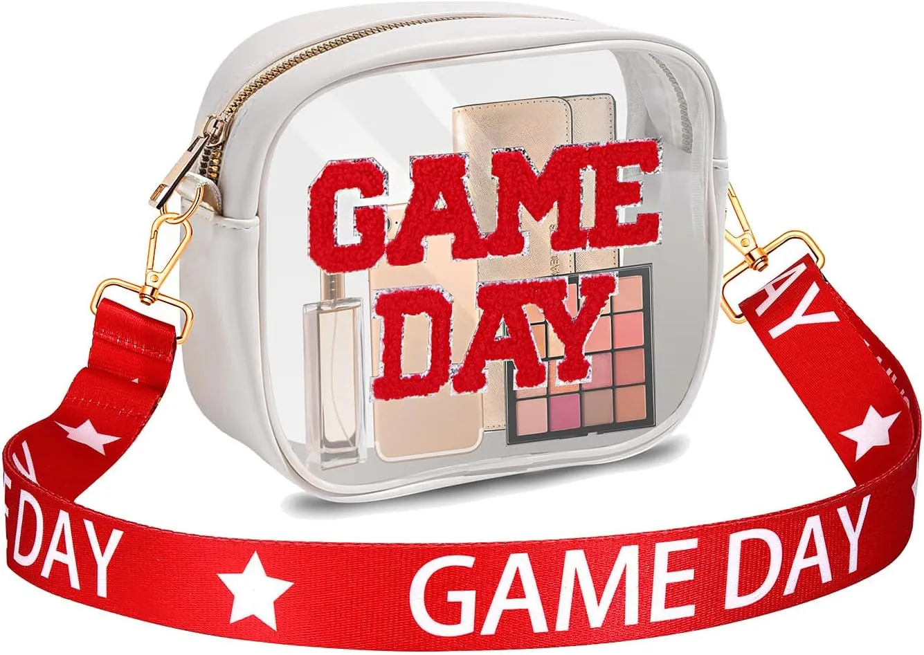 Game Day Clear Bag for Stadium Events with Letter Patches Stadium Approved Clear Crossbody Purse for Concerts Sports Events