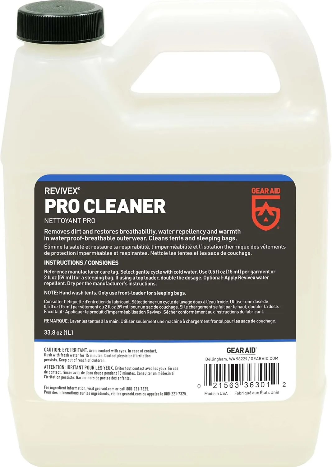 GEAR AID Revivex Pro Cleaner Wash for Synthetic Technical Fabrics, GORE-TEX Jackets, Tents, Sleeping Bags, Ski Pants, Gloves, and Outdoor Waterproof-Breathable Gear, 1 Liter (33.8 fl oz)