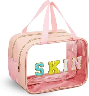 Geetery Chenille Letter Patch Makeup Bag with Handy Handle - Preppy Nylon Cosmetic Organizer with Zipper, Large Travel Toiletry Storage Bag for Women Portable Pink Makeup Case, Women Gifts
