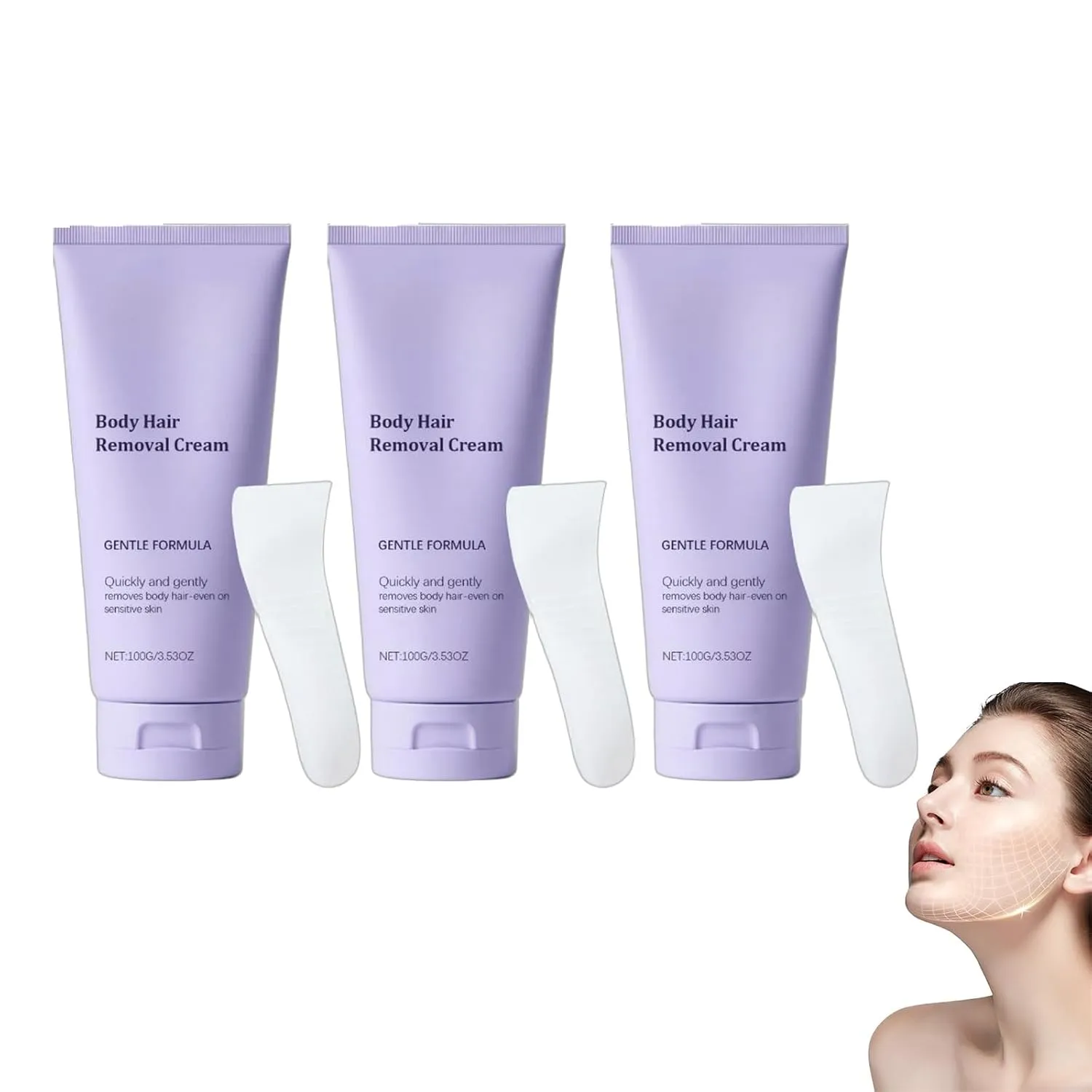 Gentle Body Hair Removal Cream for Sensitive Skin，Fast-Acting 8-Minute Hair Remover with Glycerin, Soothing Formula for Smooth Skin, Includes Spatula, Portable & Travel-Friendly (3 Pack)
