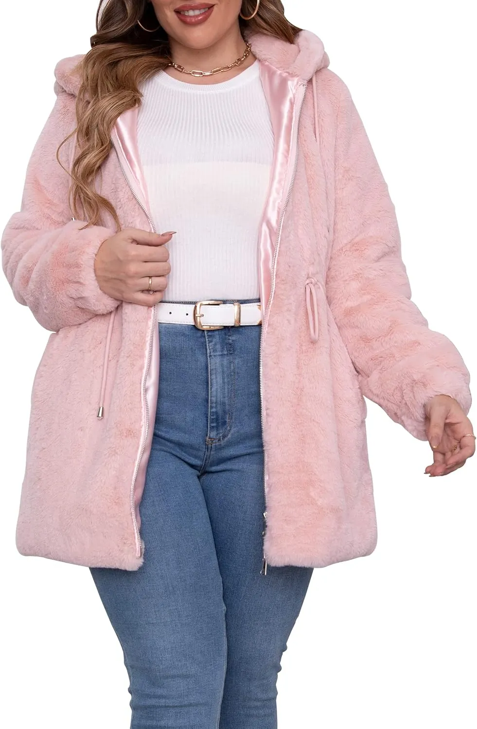 Geschallino Women's Faux Fur Coat Fleece Reversible Sherpa Fuzzy Winter Puffer Jacket (Available in Plus Size)