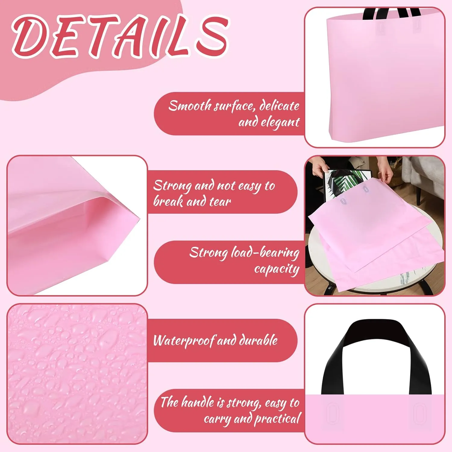 Geyee 100 Pack 16 x 12 Inch Pink Plastic Shopping Bags for Small Business Boutique Merchandise Bags with Handles Gift Bulk