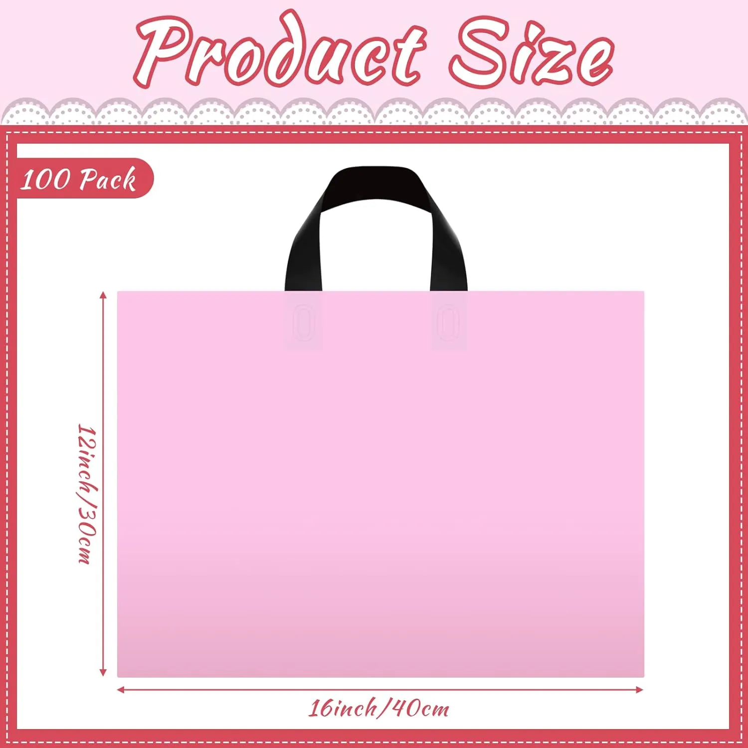 Geyee 100 Pack 16 x 12 Inch Pink Plastic Shopping Bags for Small Business Boutique Merchandise Bags with Handles Gift Bulk