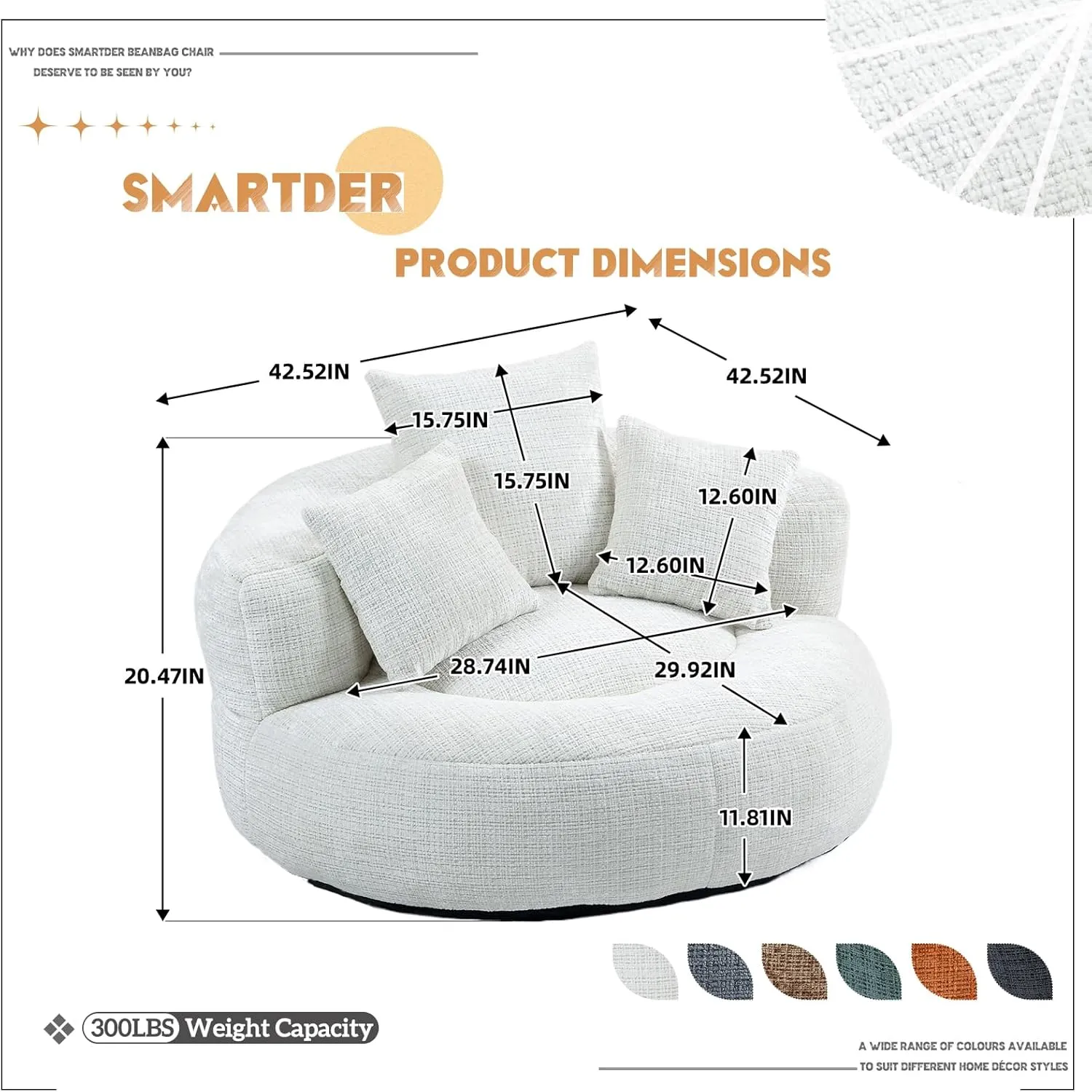 Giant Bean Bag Chair with Foam Filler, Oversized Bean Bag Couch for Adults Teens, Comfy Floor Sofa Chair with 3 Pillows, Lazy Beanbag Lounger for Living Room, Bedroom, Game Room, Dorm, Beige