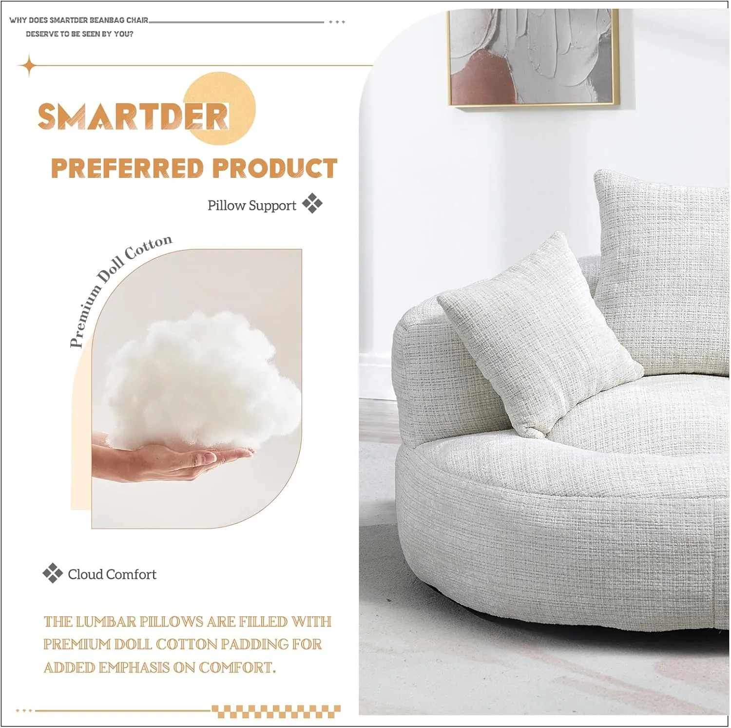 Giant Bean Bag Chair with Foam Filler, Oversized Bean Bag Couch for Adults Teens, Comfy Floor Sofa Chair with 3 Pillows, Lazy Beanbag Lounger for Living Room, Bedroom, Game Room, Dorm, Beige