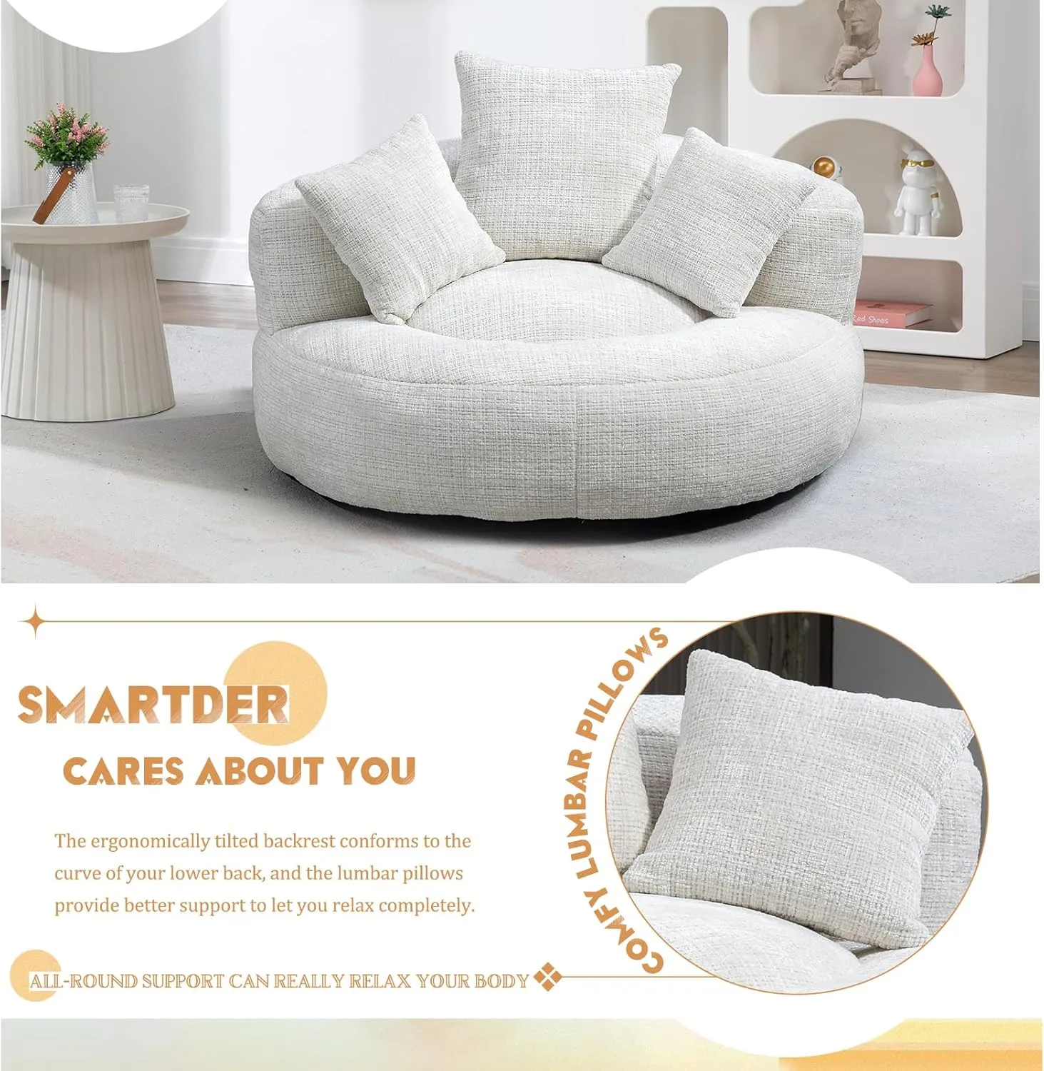 Giant Bean Bag Chair with Foam Filler, Oversized Bean Bag Couch for Adults Teens, Comfy Floor Sofa Chair with 3 Pillows, Lazy Beanbag Lounger for Living Room, Bedroom, Game Room, Dorm, Beige