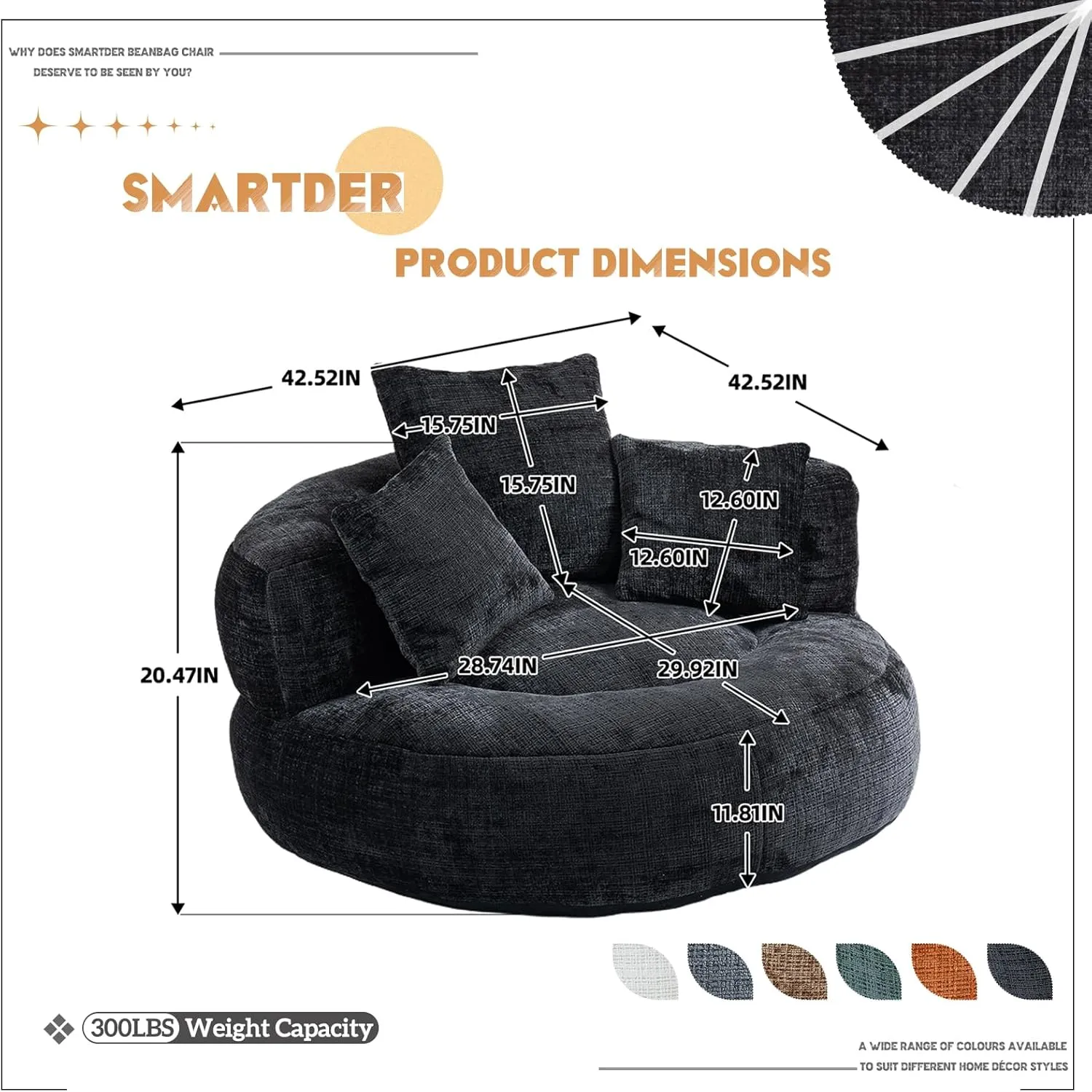 Giant Bean Bag Chair with Foam Filler, Oversized Bean Bag Couch for Adults Teens, Comfy Floor Sofa Chair with 3 Pillows, Lazy Beanbag Lounger for Living Room, Bedroom, Game Room, Dorm, Black