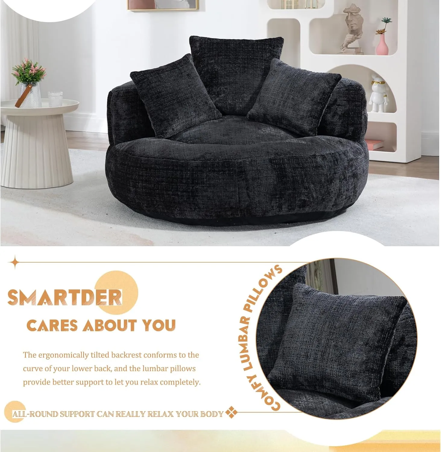 Giant Bean Bag Chair with Foam Filler, Oversized Bean Bag Couch for Adults Teens, Comfy Floor Sofa Chair with 3 Pillows, Lazy Beanbag Lounger for Living Room, Bedroom, Game Room, Dorm, Black