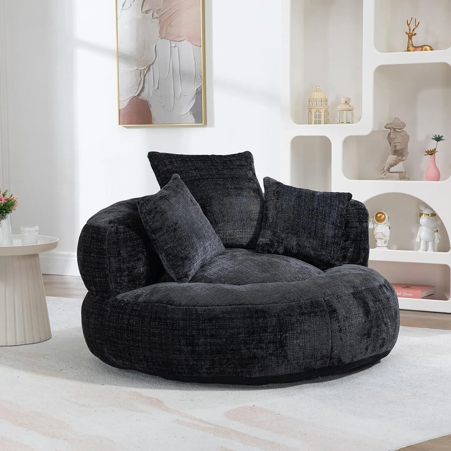 Giant Bean Bag Chair with Foam Filler, Oversized Bean Bag Couch for Adults Teens, Comfy Floor Sofa Chair with 3 Pillows, Lazy Beanbag Lounger for Living Room, Bedroom, Game Room, Dorm, Black