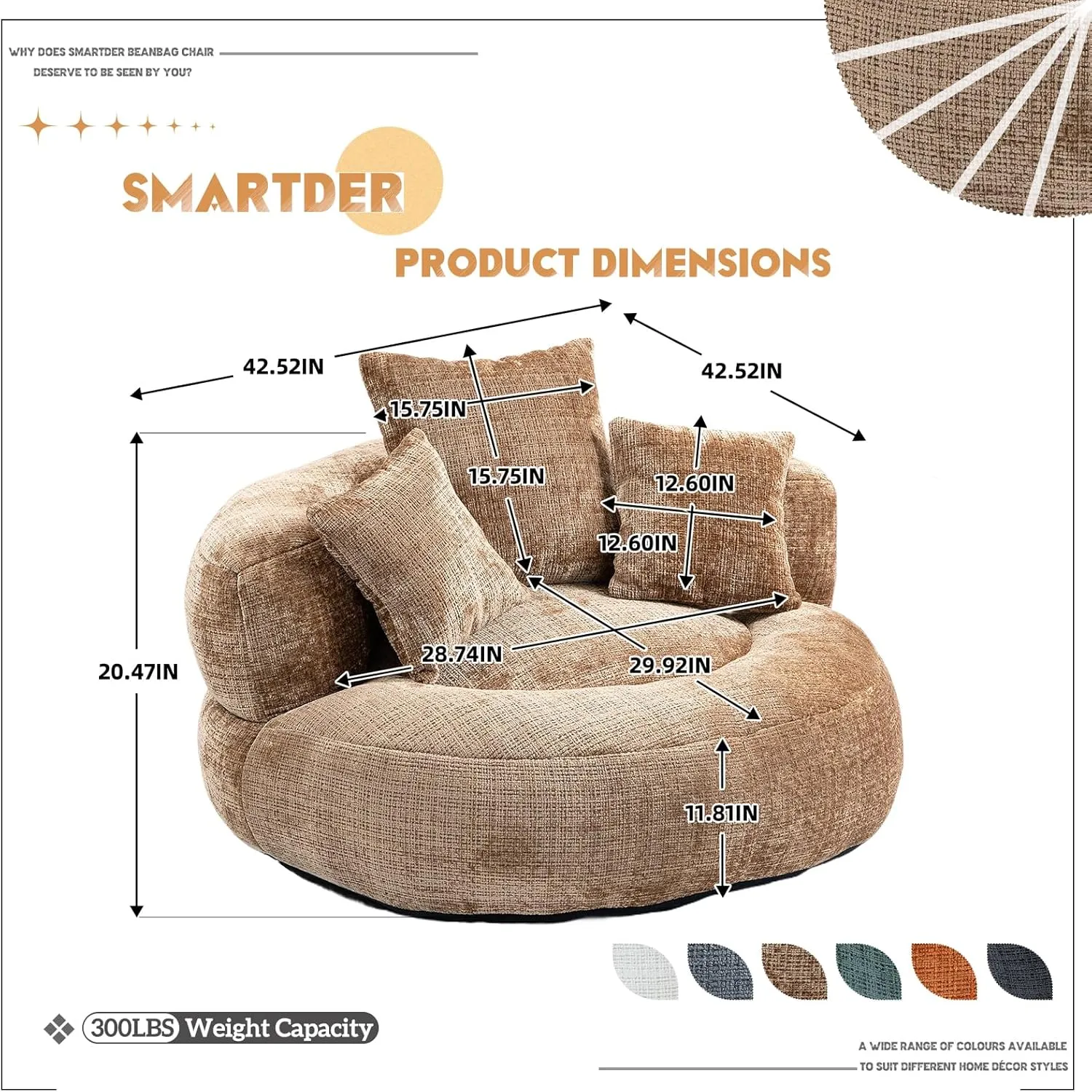 Giant Bean Bag Chair with Foam Filler, Oversized Bean Bag Couch for Adults Teens, Comfy Floor Sofa Chair with 3 Pillows, Lazy Beanbag Lounger for Living Room, Bedroom, Game Room, Dorm, Coffee