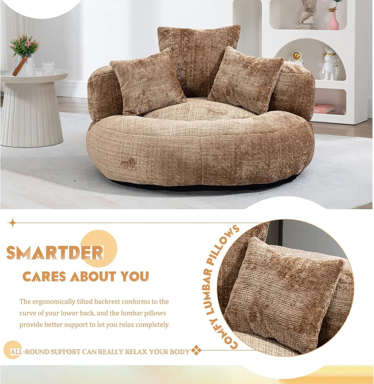 Giant Bean Bag Chair with Foam Filler, Oversized Bean Bag Couch for Adults Teens, Comfy Floor Sofa Chair with 3 Pillows, Lazy Beanbag Lounger for Living Room, Bedroom, Game Room, Dorm, Coffee