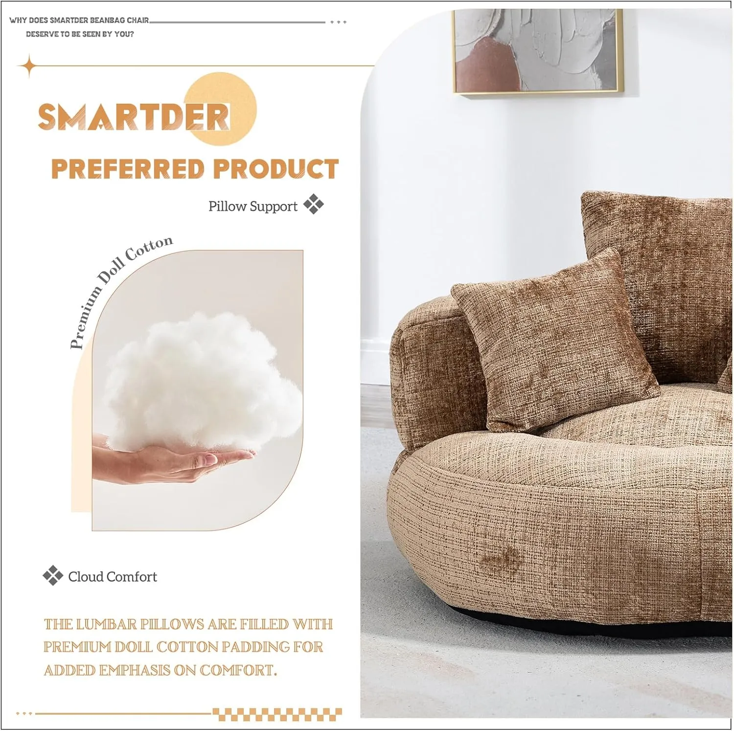 Giant Bean Bag Chair with Foam Filler, Oversized Bean Bag Couch for Adults Teens, Comfy Floor Sofa Chair with 3 Pillows, Lazy Beanbag Lounger for Living Room, Bedroom, Game Room, Dorm, Coffee