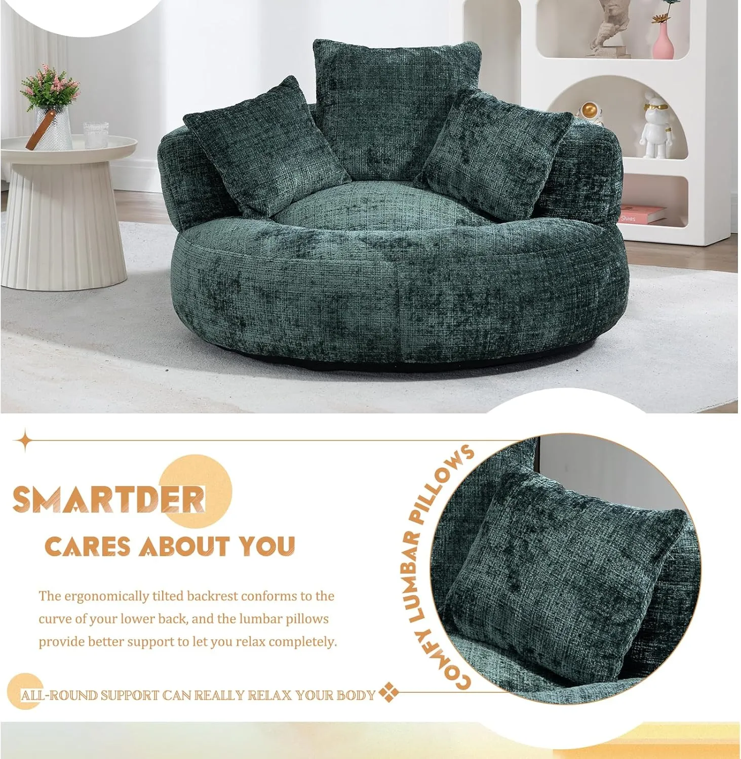 Giant Bean Bag Chair with Foam Filler, Oversized Bean Bag Couch for Adults Teens, Comfy Floor Sofa Chair with 3 Pillows, Lazy Beanbag Lounger for Living Room, Bedroom, Game Room, Dorm, Emerald