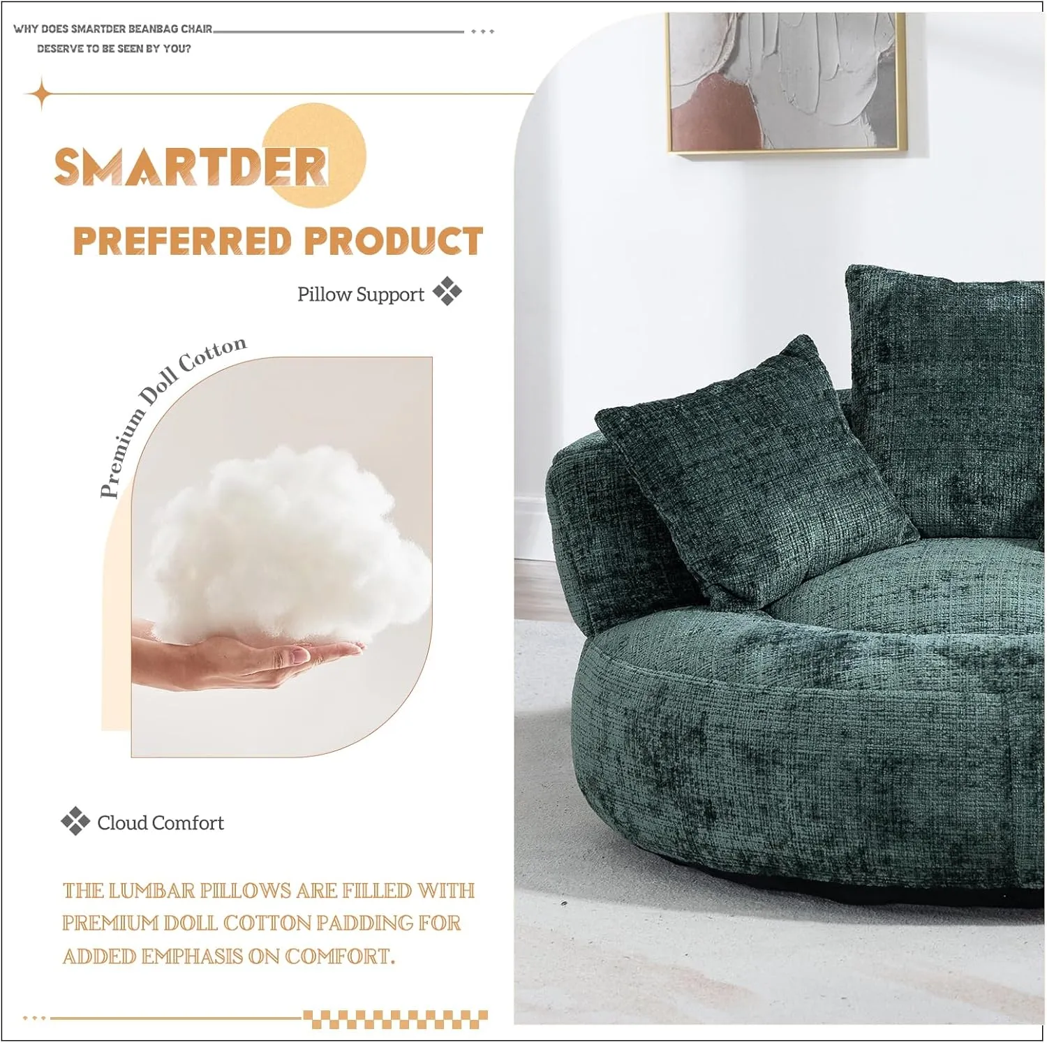 Giant Bean Bag Chair with Foam Filler, Oversized Bean Bag Couch for Adults Teens, Comfy Floor Sofa Chair with 3 Pillows, Lazy Beanbag Lounger for Living Room, Bedroom, Game Room, Dorm, Emerald