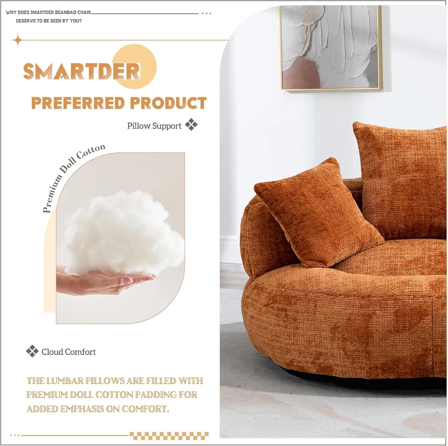 Giant Bean Bag Chair with Foam Filler, Oversized Bean Bag Couch for Adults Teens, Comfy Floor Sofa Chair with 3 Pillows, Lazy Beanbag Lounger for Living Room, Bedroom, Game Room, Dorm, Orange