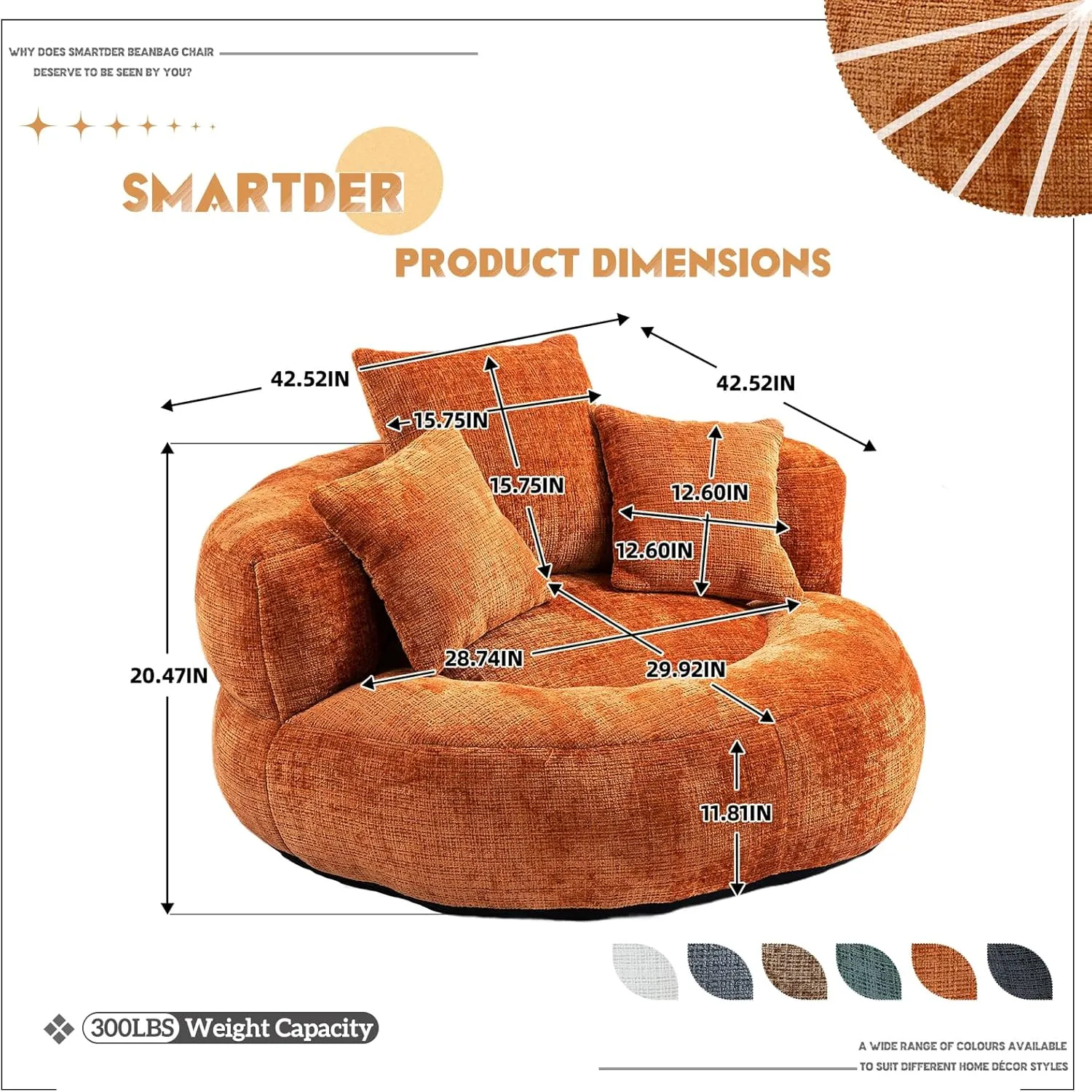 Giant Bean Bag Chair with Foam Filler, Oversized Bean Bag Couch for Adults Teens, Comfy Floor Sofa Chair with 3 Pillows, Lazy Beanbag Lounger for Living Room, Bedroom, Game Room, Dorm, Orange