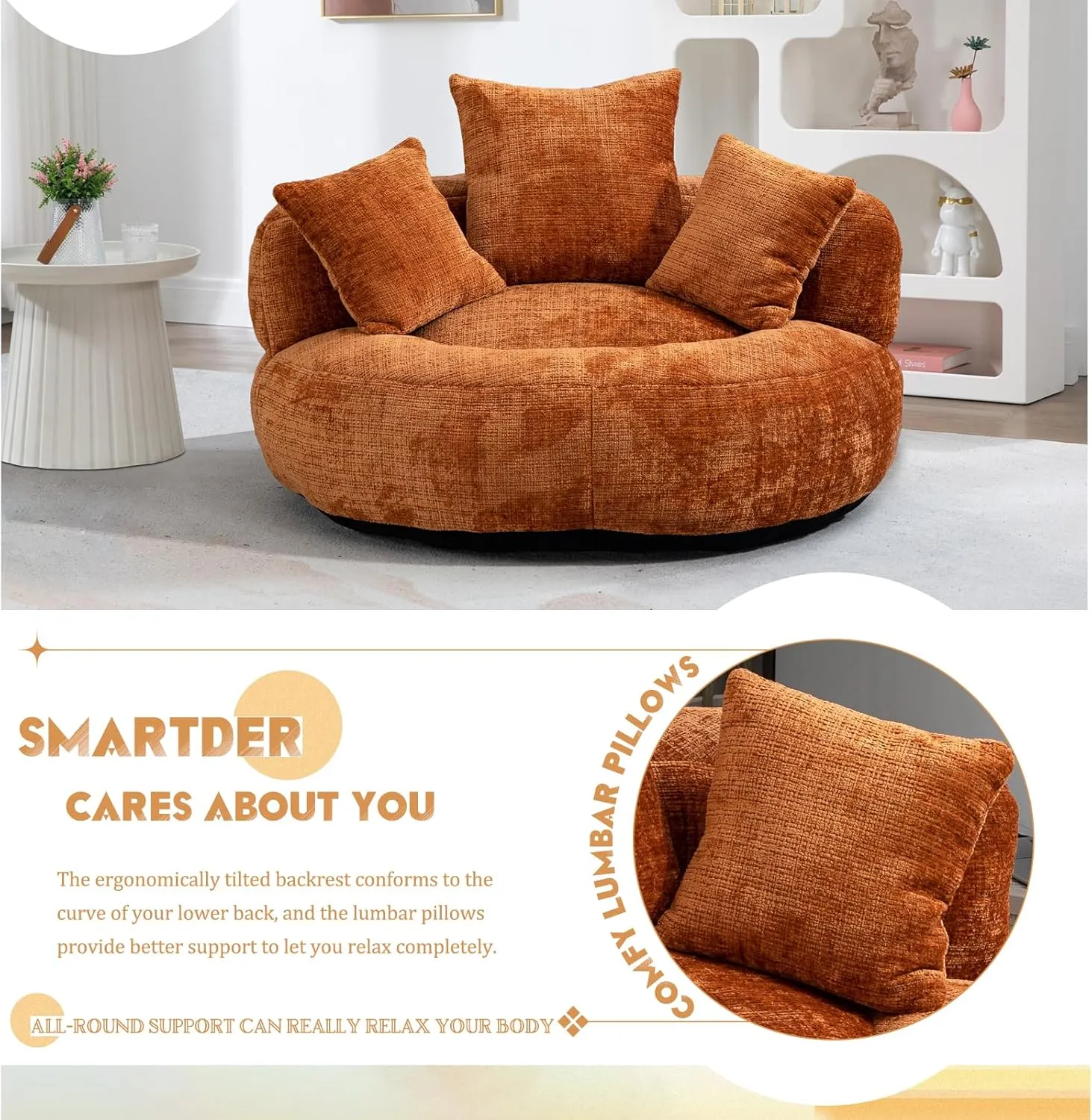 Giant Bean Bag Chair with Foam Filler, Oversized Bean Bag Couch for Adults Teens, Comfy Floor Sofa Chair with 3 Pillows, Lazy Beanbag Lounger for Living Room, Bedroom, Game Room, Dorm, Orange