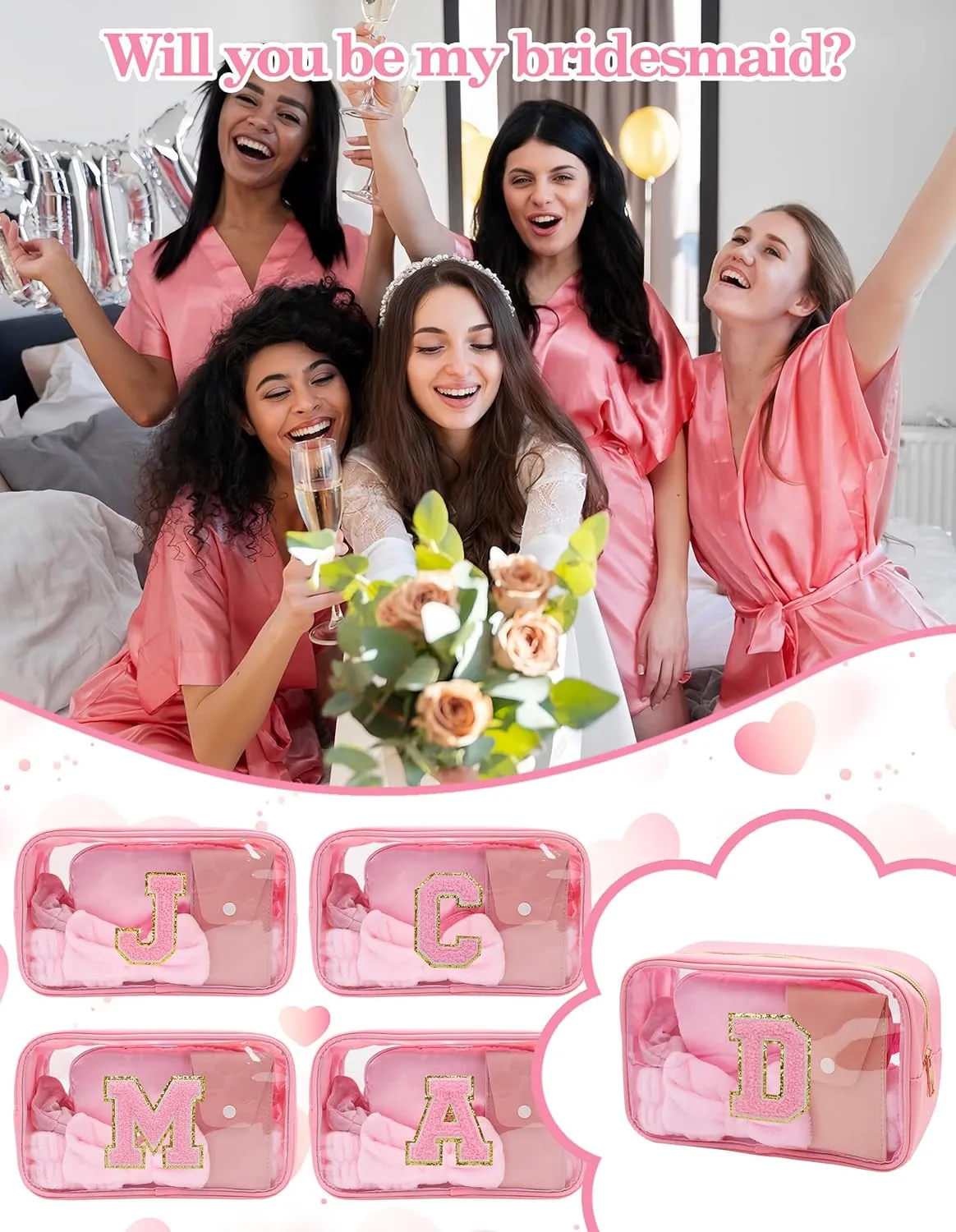Gift Sets for Women, Initial Makeup Bag with Makeup Brush Set Bachelorette Party Favors, Pink Spa Kit with Skincare Headbands Wrist Bands Sleepover Party Supplies Gifts for Teen Girls Bridesmaid D