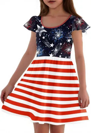 Girls 4th of July Dresses Kids American Flag Patriotic Stars Stripes Printed Kids Independence Day Summer A-Line Dresses