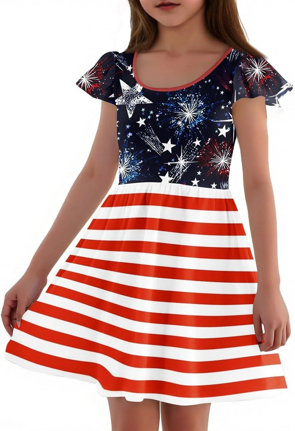 Girls 4th of July Dresses Kids American Flag Patriotic Stars Stripes Printed Kids Independence Day Summer A-Line Dresses
