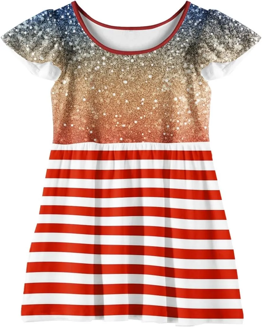 Girls 4th of July Dresses Kids American Flag Patriotic Stars Stripes Printed Kids Independence Day Summer A-Line Dresses