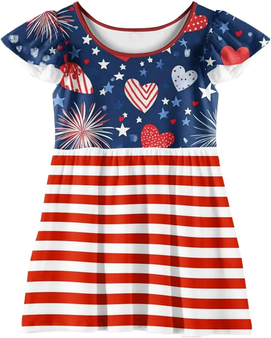 Girls 4th of July Dresses Kids American Flag Patriotic Stars Stripes Printed Kids Independence Day Summer A-Line Dresses