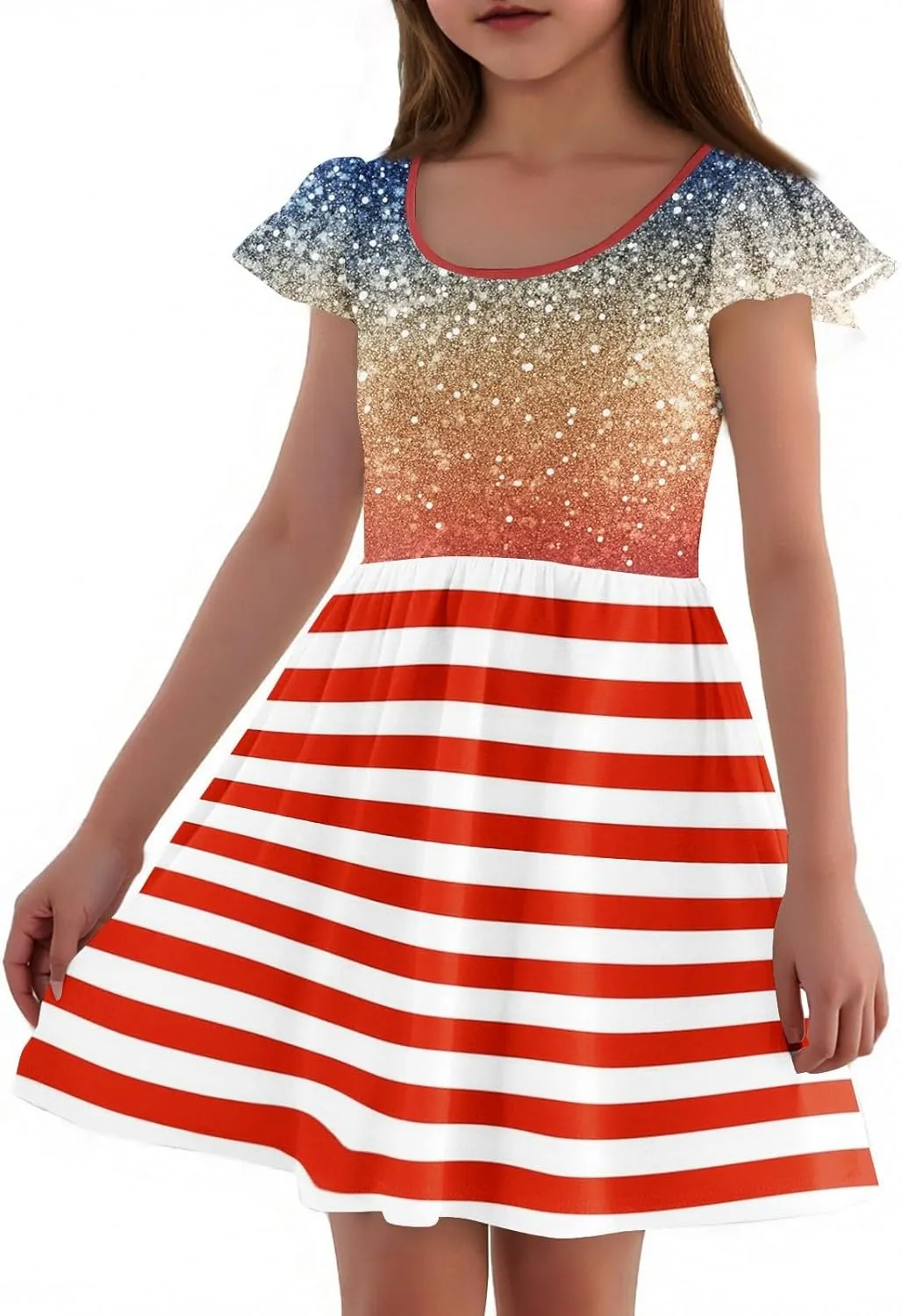 Girls 4th of July Dresses Kids American Flag Patriotic Stars Stripes Printed Kids Independence Day Summer A-Line Dresses