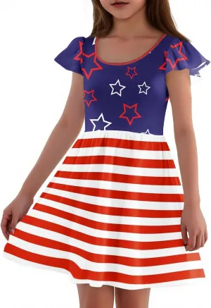 Girls 4th of July Dresses Kids American Flag Patriotic Stars Stripes Printed Kids Independence Day Summer A-Line Dresses
