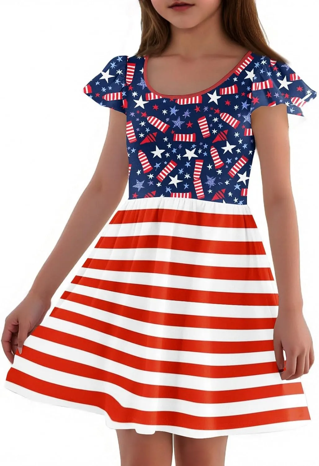 Girls 4th of July Dresses Kids American Flag Patriotic Stars Stripes Printed Kids Independence Day Summer A-Line Dresses