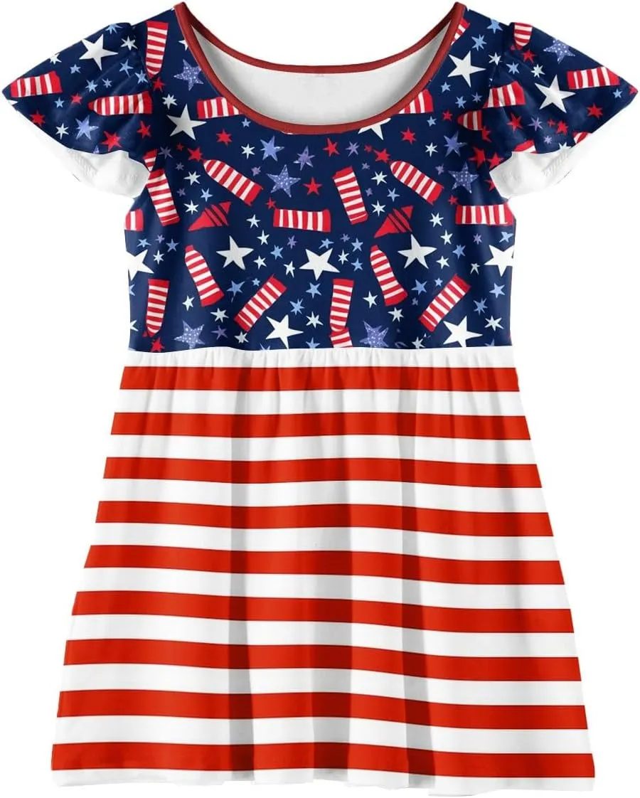 Girls 4th of July Dresses Kids American Flag Patriotic Stars Stripes Printed Kids Independence Day Summer A-Line Dresses