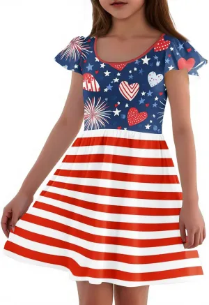 Girls 4th of July Dresses Kids American Flag Patriotic Stars Stripes Printed Kids Independence Day Summer A-Line Dresses