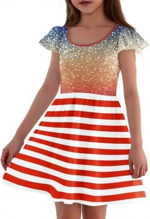 Girls 4th of July Dresses Kids American Flag Patriotic Stars Stripes Printed Kids Independence Day Summer A-Line Dresses