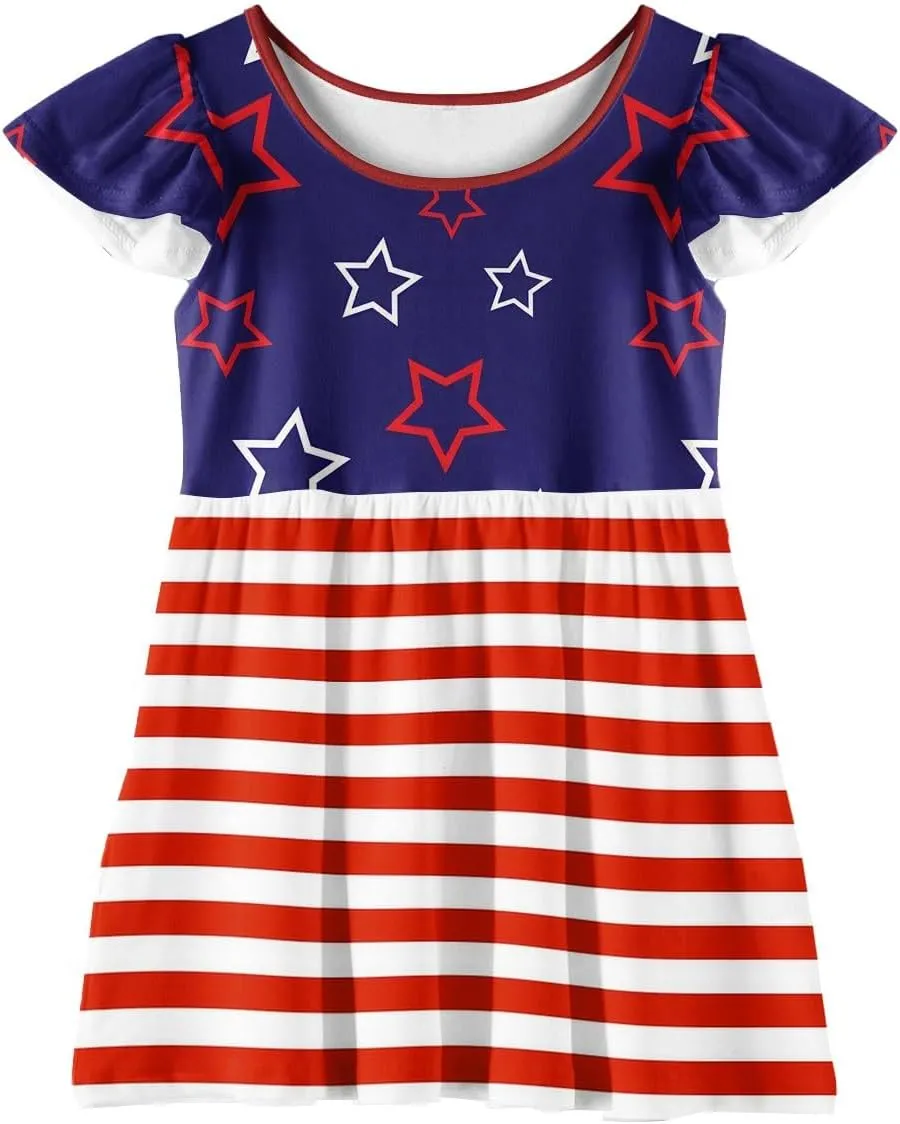Girls 4th of July Dresses Kids American Flag Patriotic Stars Stripes Printed Kids Independence Day Summer A-Line Dresses