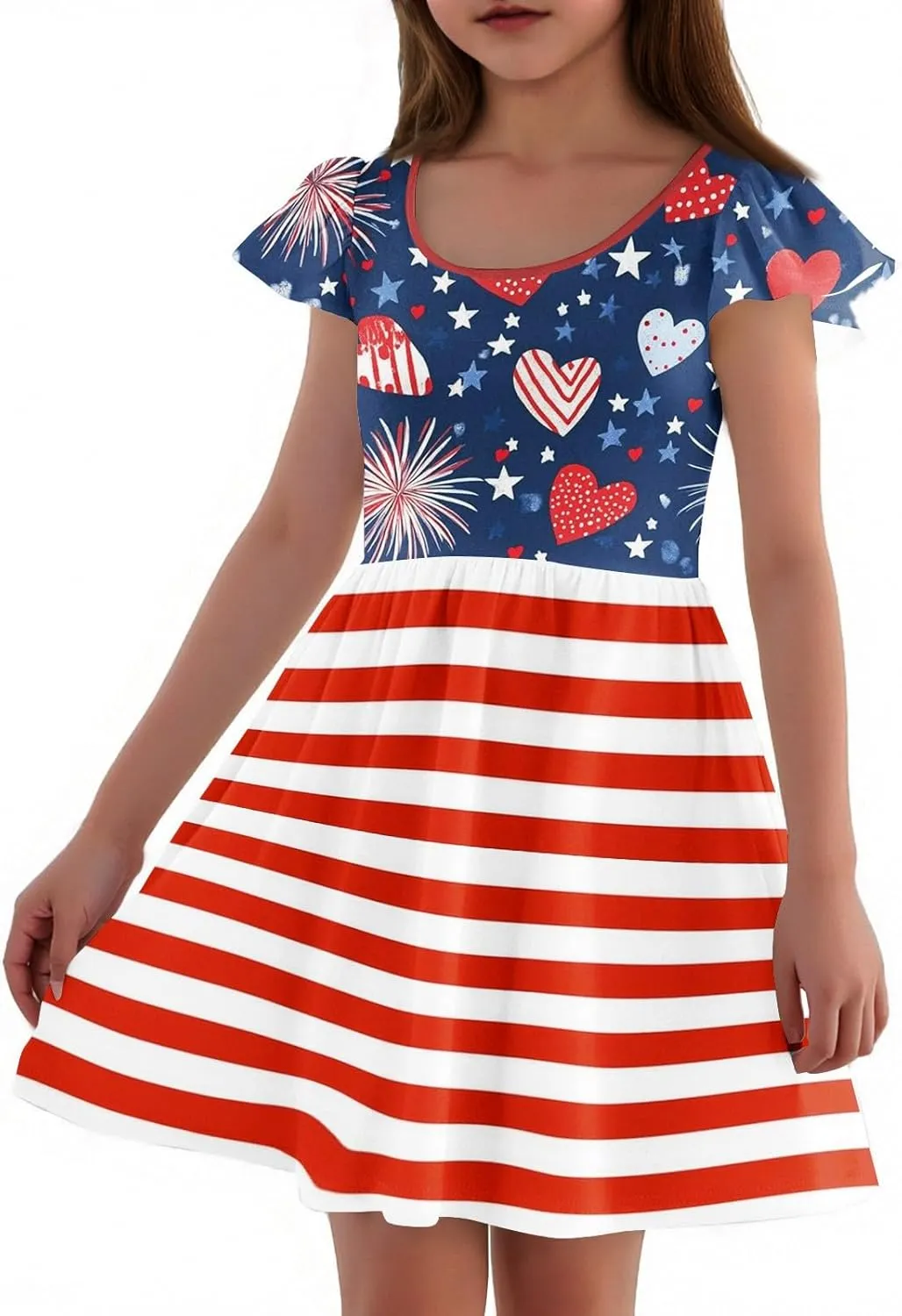 Girls 4th of July Dresses Kids American Flag Patriotic Stars Stripes Printed Kids Independence Day Summer A-Line Dresses
