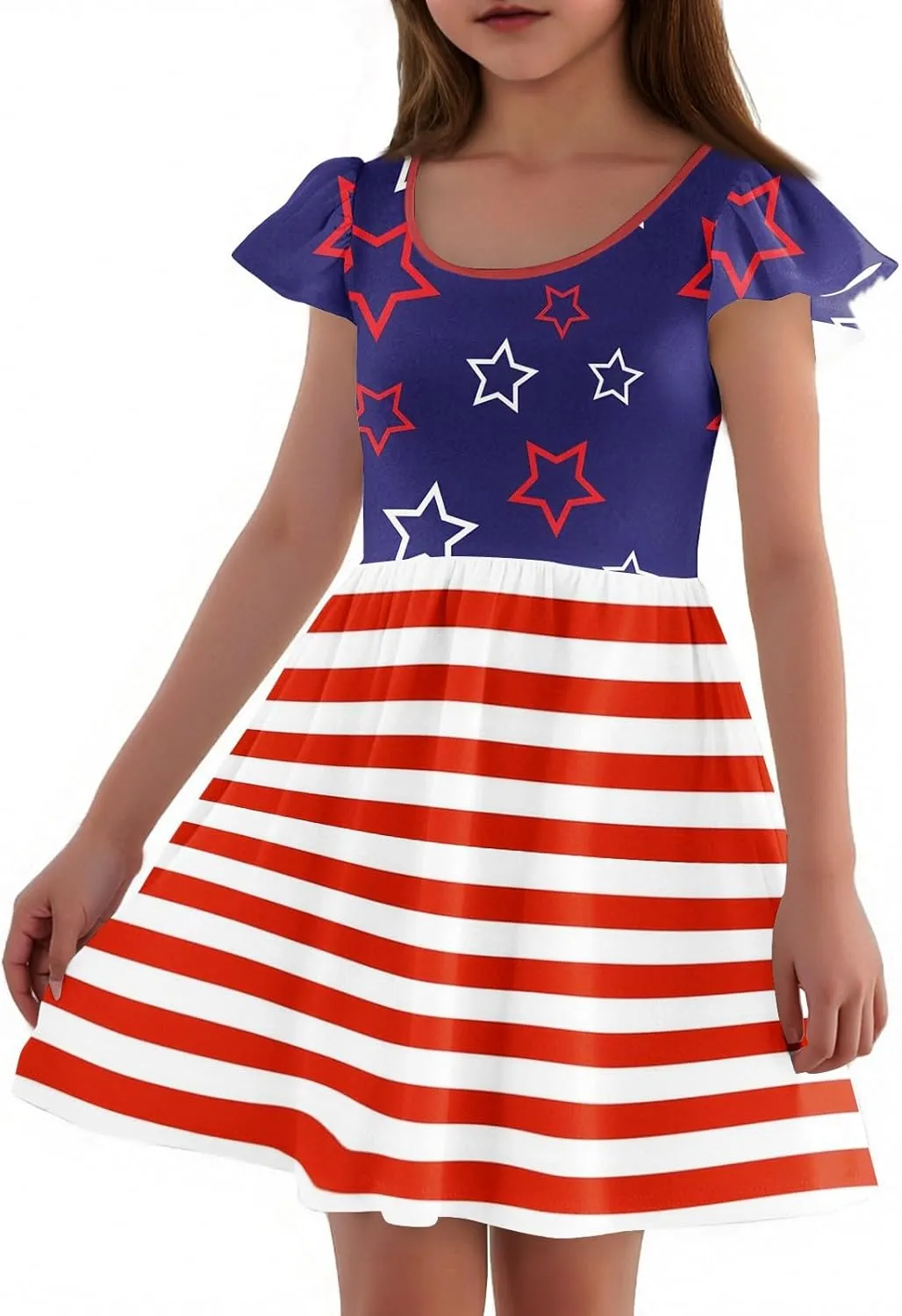Girls 4th of July Dresses Kids American Flag Patriotic Stars Stripes Printed Kids Independence Day Summer A-Line Dresses
