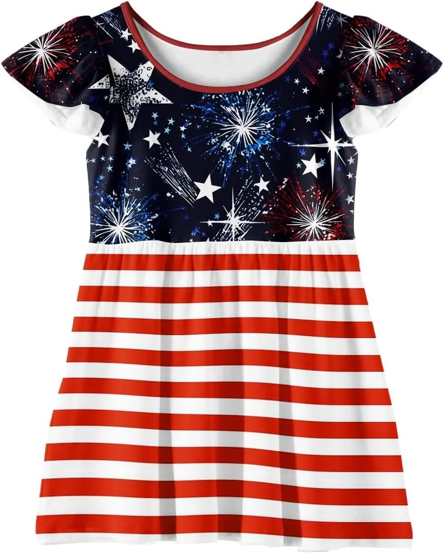 Girls 4th of July Dresses Kids American Flag Patriotic Stars Stripes Printed Kids Independence Day Summer A-Line Dresses