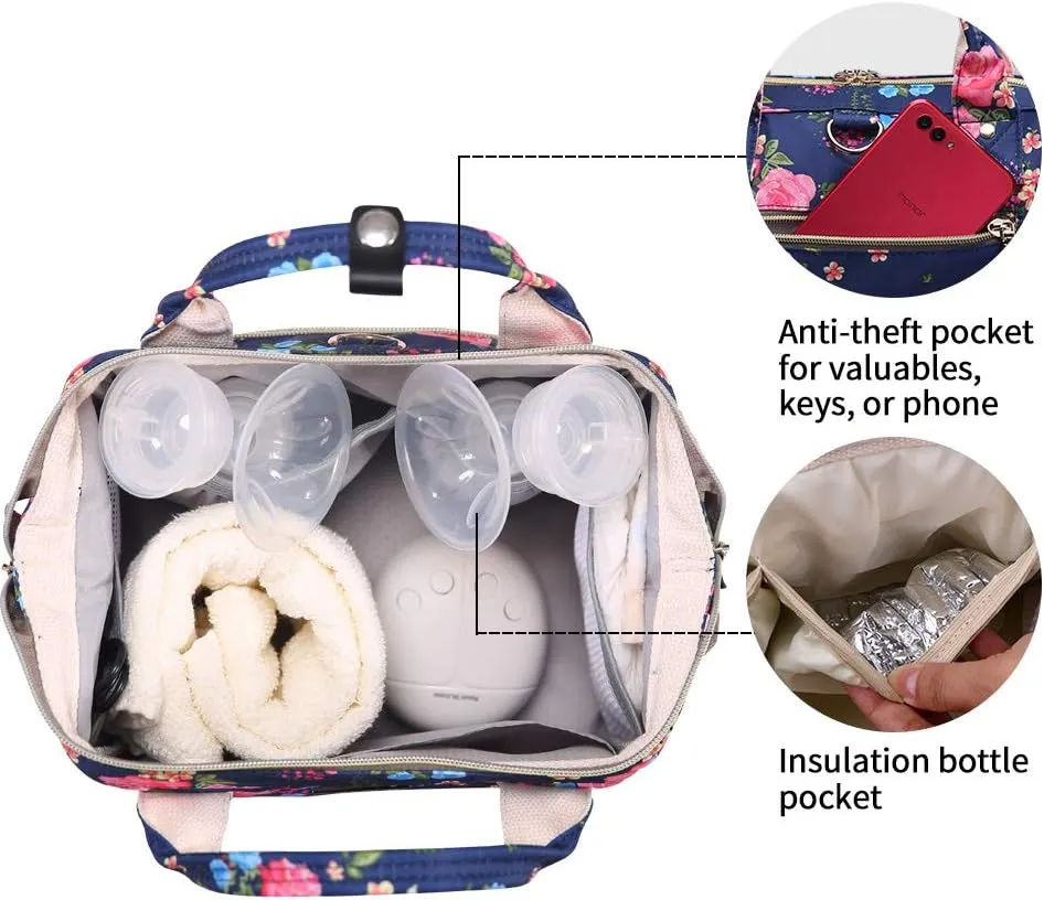 GOGOSO Breast Pump Bag with Cooler Pocket, Mini Pumping Bags for Working Mom Cooler Tote Bag Built-in USB Charging Pot for Phone Mother Diaper Bags -No Include ice Pack,Blue Flower