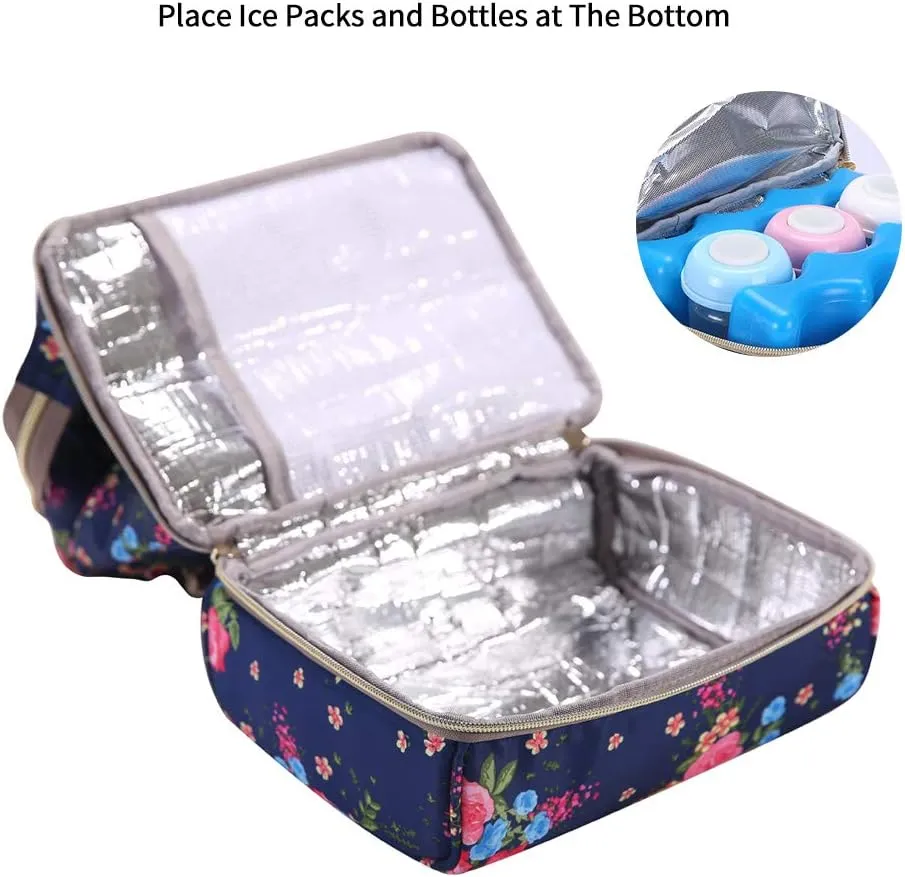 GOGOSO Breast Pump Bag with Cooler Pocket, Mini Pumping Bags for Working Mom Cooler Tote Bag Built-in USB Charging Pot for Phone Mother Diaper Bags -No Include ice Pack,Blue Flower