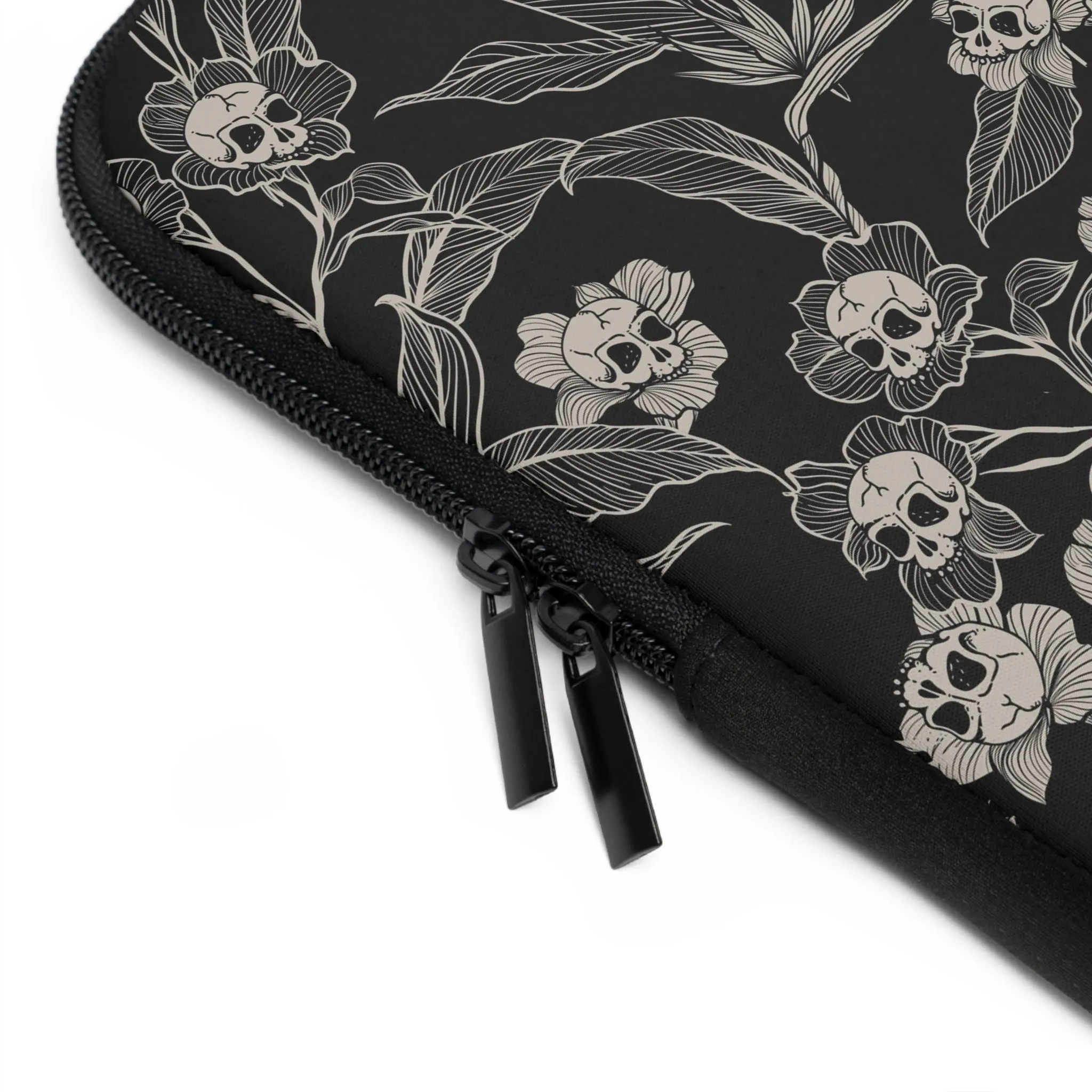 Gothic Floral Skull Flower Laptop Sleeve - Black   Cream