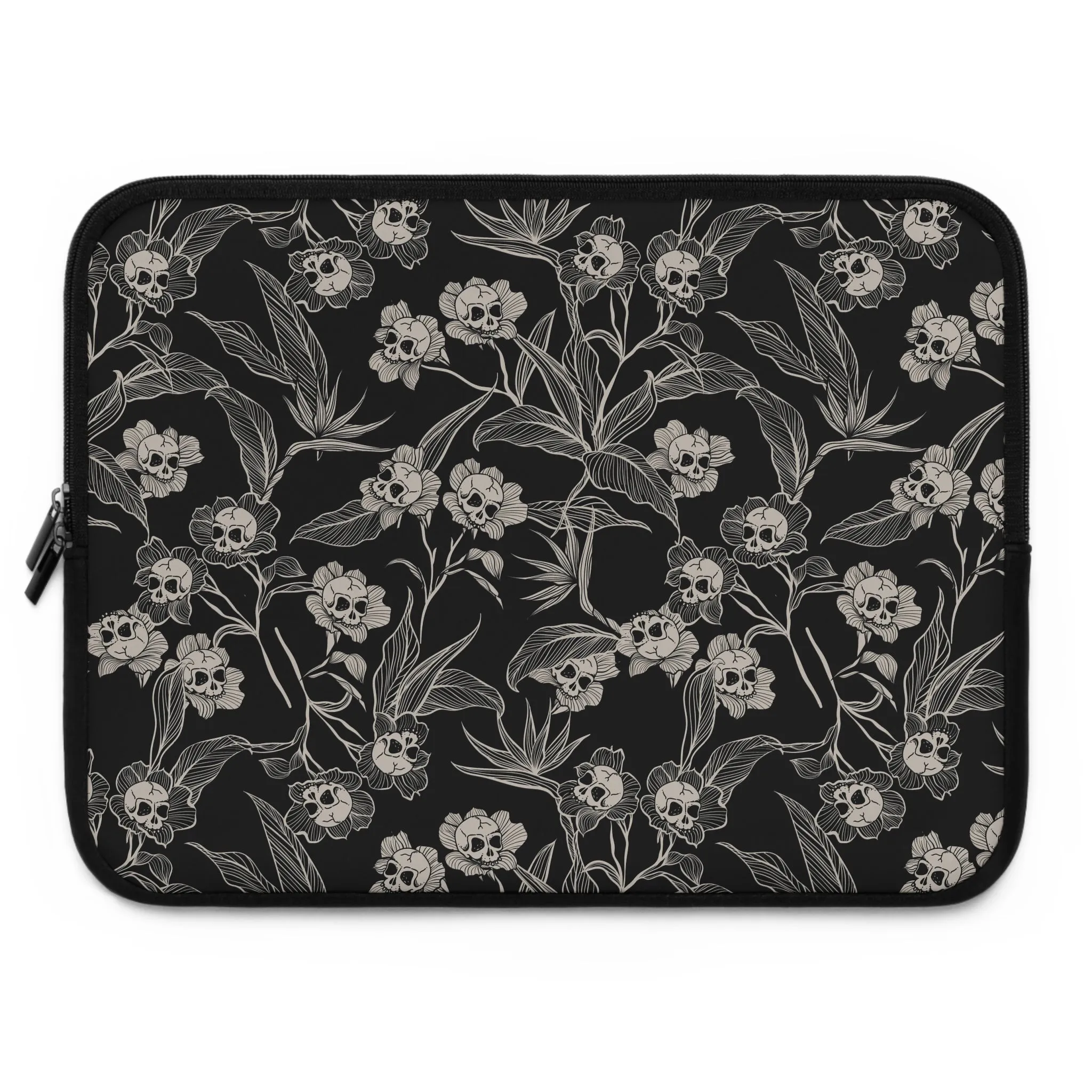 Gothic Floral Skull Flower Laptop Sleeve - Black   Cream