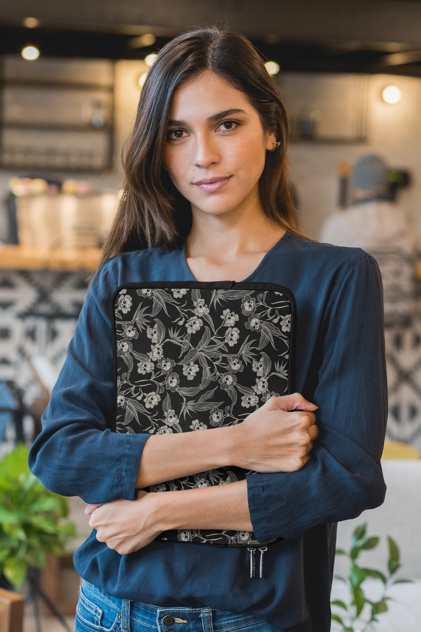 Gothic Floral Skull Flower Laptop Sleeve - Black   Cream