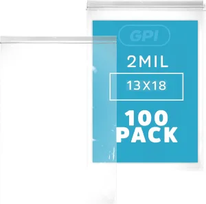 GPI - 13" X 18" Extra Large Reclosable Zip Bags - Pack of 100-2 Mil Thick, Clear Plastic Zipper Lock Bags, Resealable Poly Baggies for Clothing, Tools, Travel, Storage & Packaging.