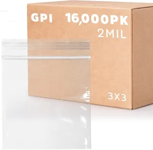 GPI - 16,000 Count - 3" x 3" CLEAR PLASTIC RECLOSABLE ZIP BAGS - Bulk 2 mil Thick Strong & Durable Poly Bagies with Resealable Zip Top Lock for Travel, Storage, Packaging & Shipping.