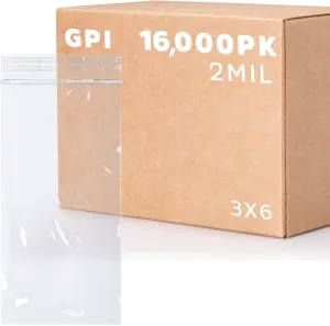 GPI - 16,000 Count - 3" X 6" Clear Plastic Reclosable Zip Bags - Bulk 2 Mil Thick Strong & Durable Poly Baggies with Resealable Zip Top Lock for Travel, Storage, Packaging & Shipping.