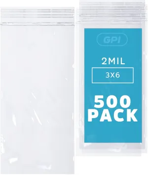 GPI - PACK OF 500 3" x 6" CLEAR PLASTIC RECLOSABLE Zip BAGS - Bulk 2 mil Thick Strong & Durable Poly Baggies With Resealable Zipper Top Lock For Travel, Storage, Packaging & Shipping.