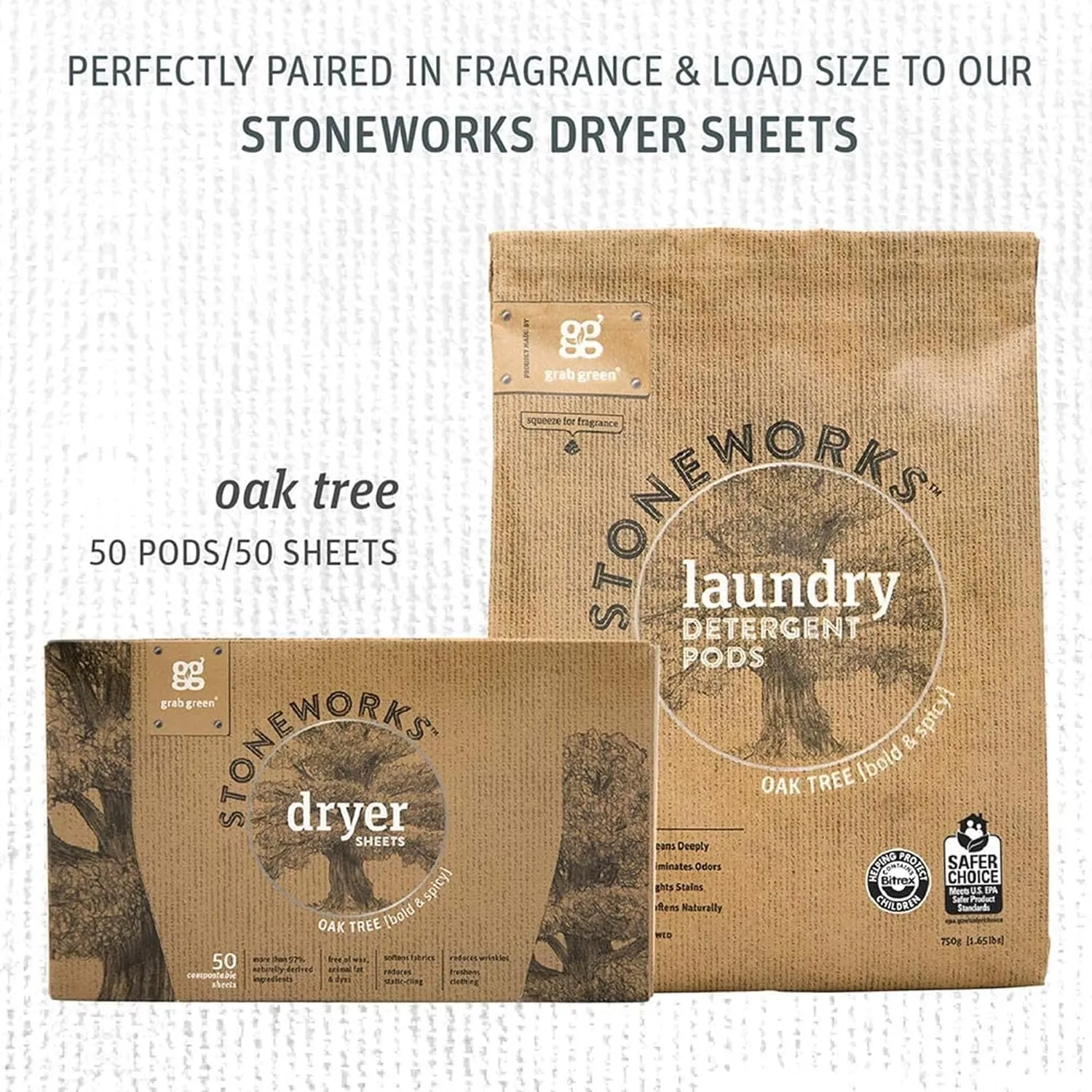 Grab Green Stoneworks Natural Laundry Detergent Powder Pods, Oak Tree, 50 loads